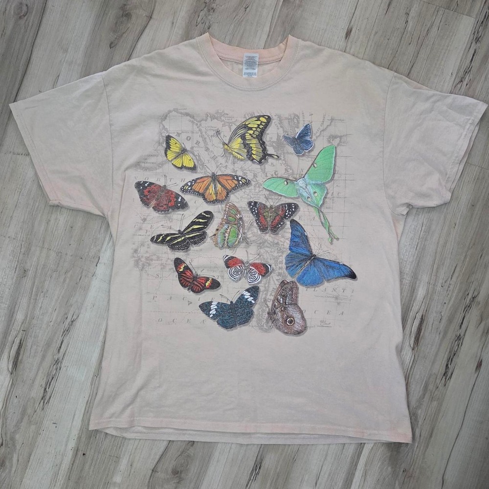 Vintage Gildan Butterflies of the World Graphic Tee Pink Tan XL